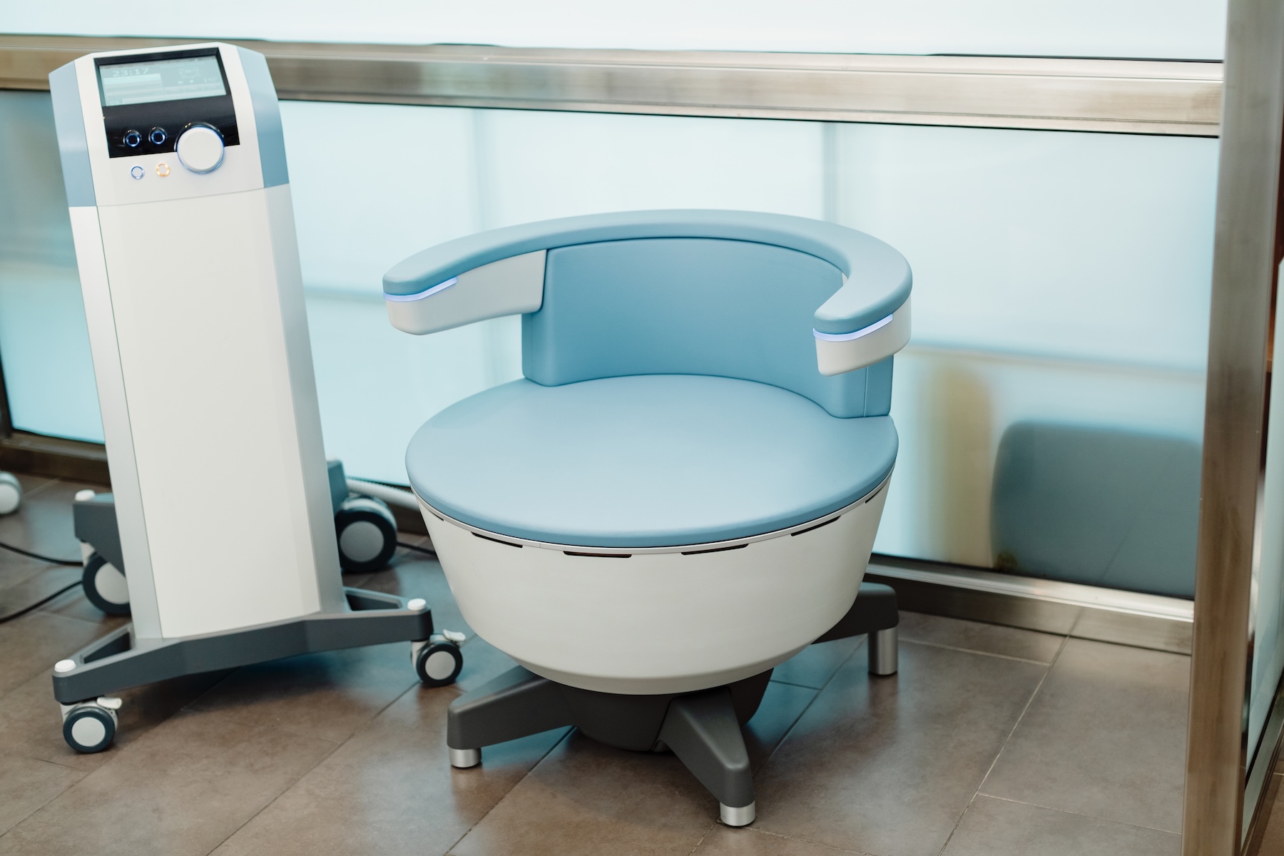 The Emsella chair is often used to facilitate noninvasive pelvic floor therapy in Charleston.